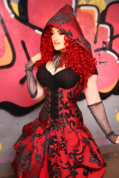 Hooded Vixen Corset in Red & Black Grace Chenille #15 - The Ruby Gloom Collection