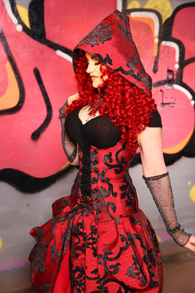 Hooded Vixen Corset in Red & Black Grace Chenille #15 - The Ruby Gloom Collection