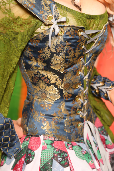 Petite Aurora Corset in Blue & Gold Brocade Medallion - Nimble Thimble Collection