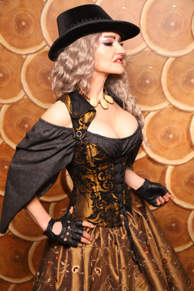 Petite Crossfire Overbust Corset w/Voyager Straps in Black and Gold Medallion - The Darling Starling Collection