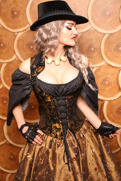Petite Crossfire Overbust Corset w/Voyager Straps in Black and Gold Medallion - The Darling Starling Collection