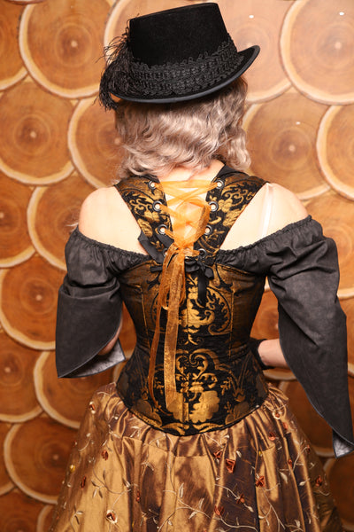 Petite Crossfire Overbust Corset w/Voyager Straps in Black and Gold Medallion - The Darling Starling Collection