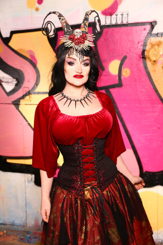Wench Corset in Crimson & Black Scroll Medallion -"The Raven & Ruby Collection" - #56