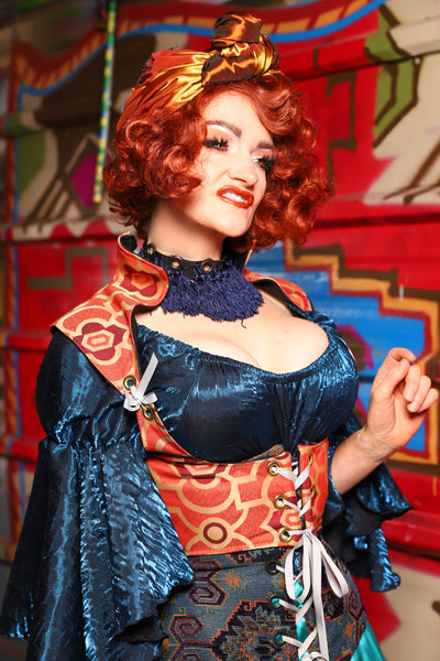 05. Cropped Fae Corset With Sorceress Collar in Persimmon Mosaic - The Magic Carpet Ride Collection