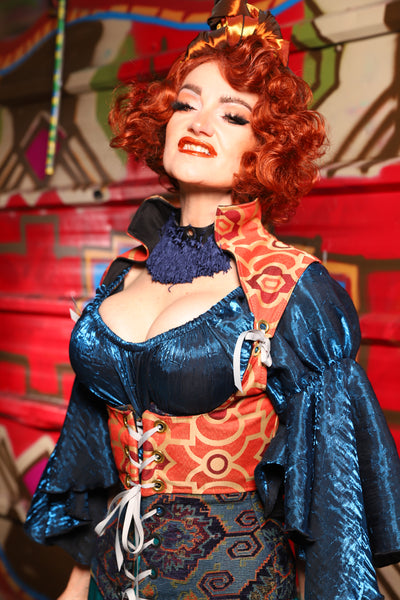 05. Cropped Fae Corset With Sorceress Collar in Persimmon Mosaic - The Magic Carpet Ride Collection