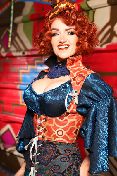 05. Cropped Fae Corset With Sorceress Collar in Persimmon Mosaic - The Magic Carpet Ride Collection