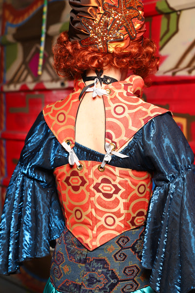 05. Cropped Fae Corset With Sorceress Collar in Persimmon Mosaic - The Magic Carpet Ride Collection