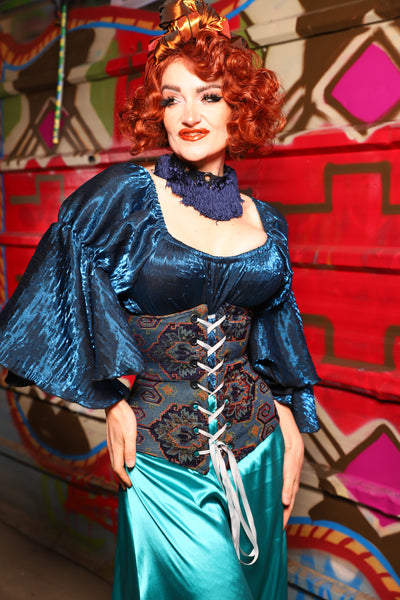 25. Wench Underbust Corset in Geometric Peacock Upholstery - The Magic Carpet Ride Collection