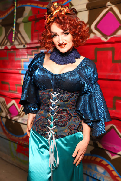 25. Wench Underbust Corset in Geometric Peacock Upholstery - The Magic Carpet Ride Collection