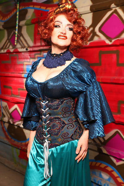 25. Wench Underbust Corset in Geometric Peacock Upholstery - The Magic Carpet Ride Collection
