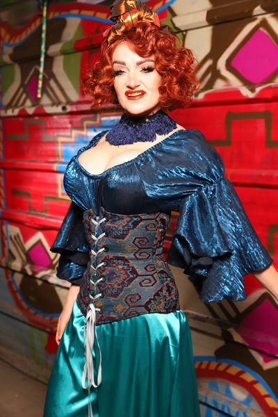 25. Wench Underbust Corset in Geometric Peacock Upholstery - The Magic Carpet Ride Collection