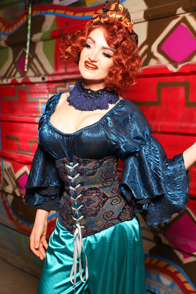 25. Wench Underbust Corset in Geometric Peacock Upholstery - The Magic Carpet Ride Collection
