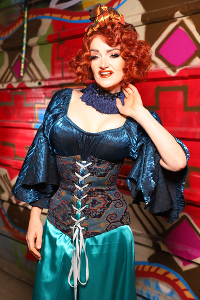 25. Wench Underbust Corset in Geometric Peacock Upholstery - The Magic Carpet Ride Collection