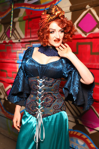 25. Wench Underbust Corset in Geometric Peacock Upholstery - The Magic Carpet Ride Collection