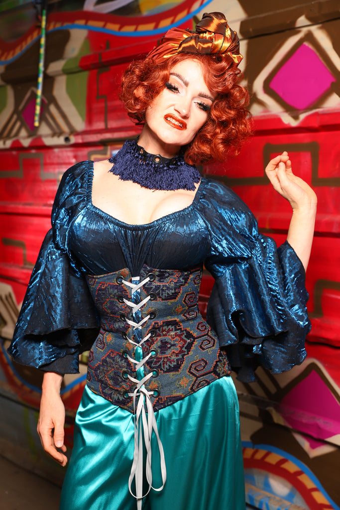 25. Wench Underbust Corset in Geometric Peacock Upholstery - The Magic Carpet Ride Collection