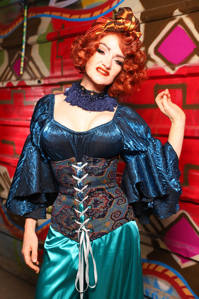 25. Wench Underbust Corset in Geometric Peacock Upholstery - The Magic Carpet Ride Collection