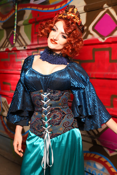 25. Wench Underbust Corset in Geometric Peacock Upholstery - The Magic Carpet Ride Collection