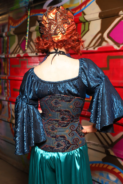 25. Wench Underbust Corset in Geometric Peacock Upholstery - The Magic Carpet Ride Collection