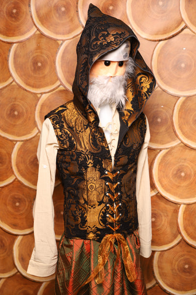 Men's Vest w/Hood in Black and Gold Medallion - The Darling Starling Collection