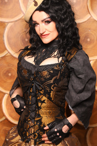 07. Cropped Marie Overbust Corset in Black and Gold Medallion - The Darling Starling Collection