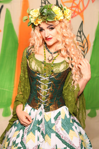 Maiden Bodice Corset in Gold & Emerald Medallion - Nimble Thimble Collection