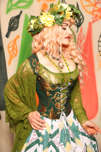 Maiden Bodice Corset in Gold & Emerald Medallion - Nimble Thimble Collection