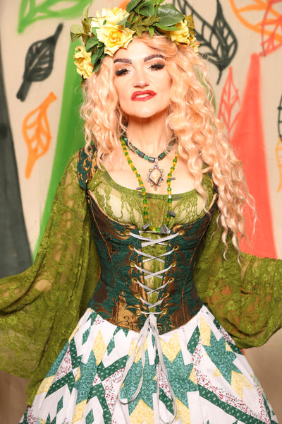 Maiden Bodice Corset in Gold & Emerald Medallion - Nimble Thimble Collection