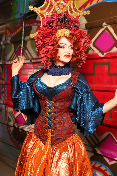 04. Courtier Corset in Phoenix Feather Upholstery - The Magic Carpet Ride Collection
