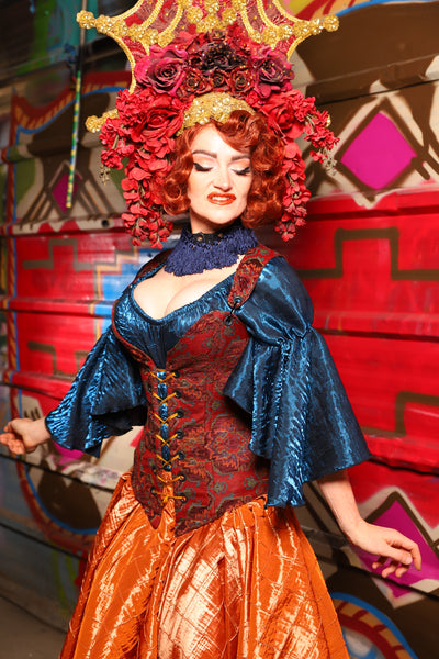 04. Courtier Corset in Phoenix Feather Upholstery - The Magic Carpet Ride Collection