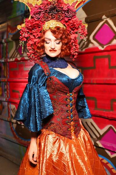 04. Courtier Corset in Phoenix Feather Upholstery - The Magic Carpet Ride Collection