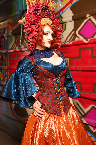 04. Courtier Corset in Phoenix Feather Upholstery - The Magic Carpet Ride Collection