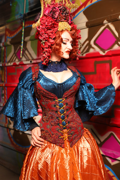 04. Courtier Corset in Phoenix Feather Upholstery - The Magic Carpet Ride Collection