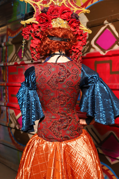 04. Courtier Corset in Phoenix Feather Upholstery - The Magic Carpet Ride Collection