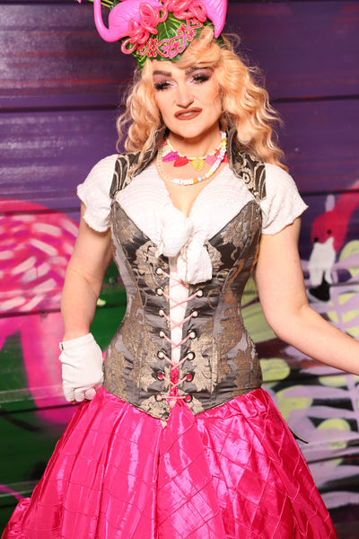 Courtier Corset w/ Peplum Ruffle in Gravestone Damask - The Dragon Fruit Diva Collection