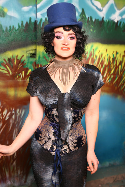 Swallowtail Corset in Navy & Pearl Damask #44 - The Bells & Whistles Collection