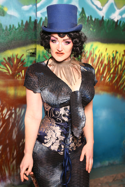 Swallowtail Corset in Navy & Pearl Damask #44 - The Bells & Whistles Collection