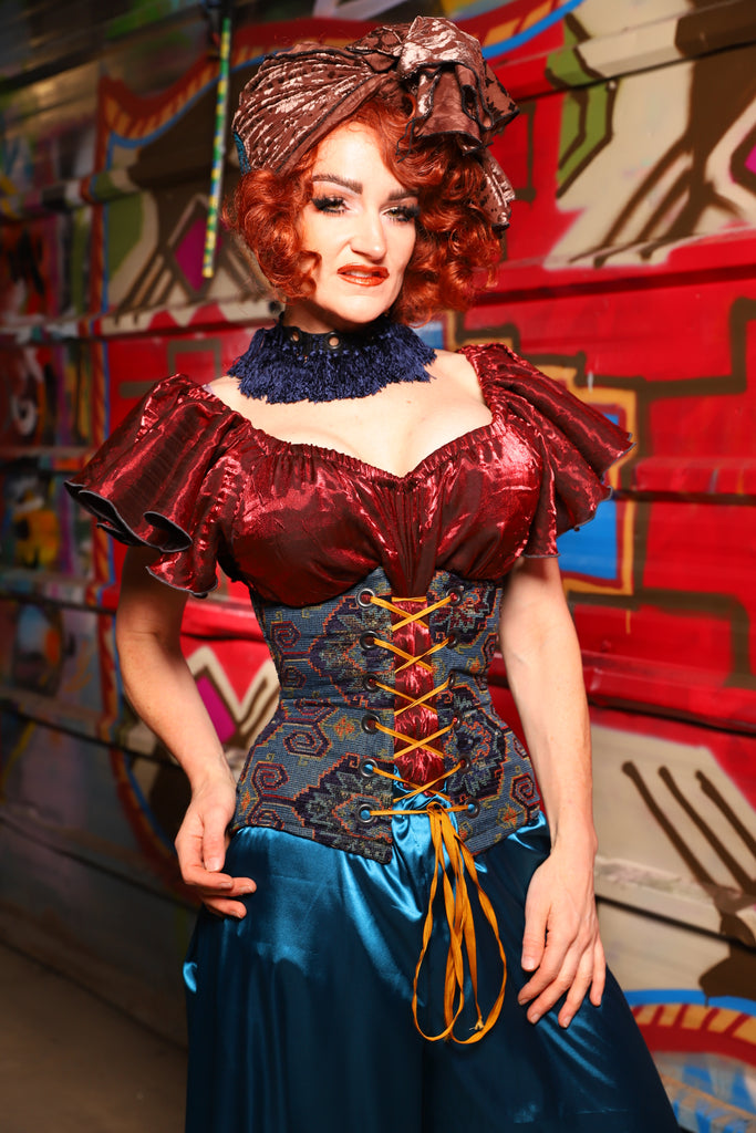 23. Petite Wench Underbust Corset in Geometric Peacock Upholstery