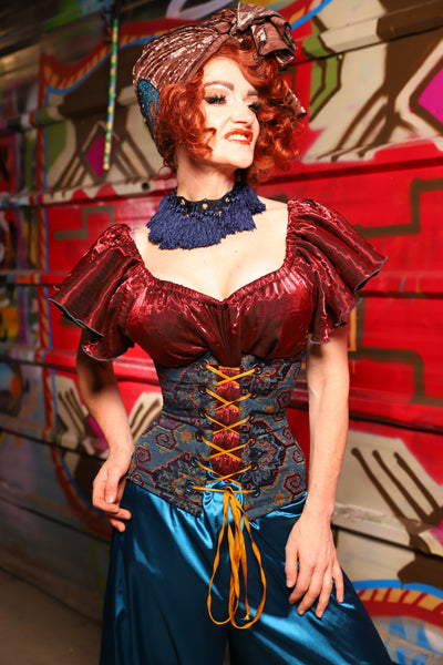 23. Petite Wench Underbust Corset in Geometric Peacock Upholstery - The Magic Carpet Ride Collection