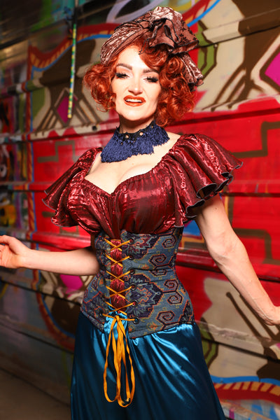 23. Petite Wench Underbust Corset in Geometric Peacock Upholstery - The Magic Carpet Ride Collection