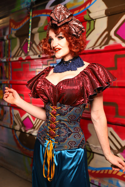 23. Petite Wench Underbust Corset in Geometric Peacock Upholstery - The Magic Carpet Ride Collection