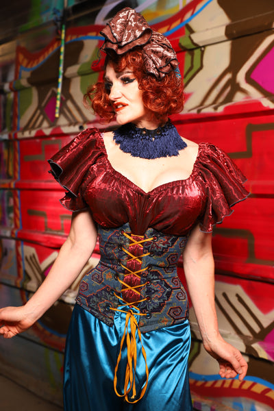 23. Petite Wench Underbust Corset in Geometric Peacock Upholstery - The Magic Carpet Ride Collection
