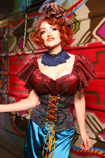 23. Petite Wench Underbust Corset in Geometric Peacock Upholstery - The Magic Carpet Ride Collection