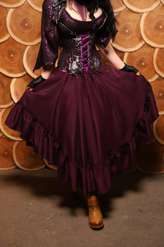 05. Crescent Skirt w/ruffle in Dark Wine Sea Matte Reverse Satin - The Darling Starling Collection