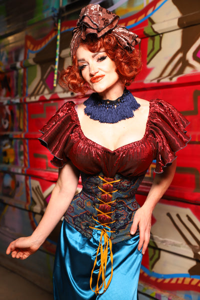 23. Petite Wench Underbust Corset in Geometric Peacock Upholstery - The Magic Carpet Ride Collection