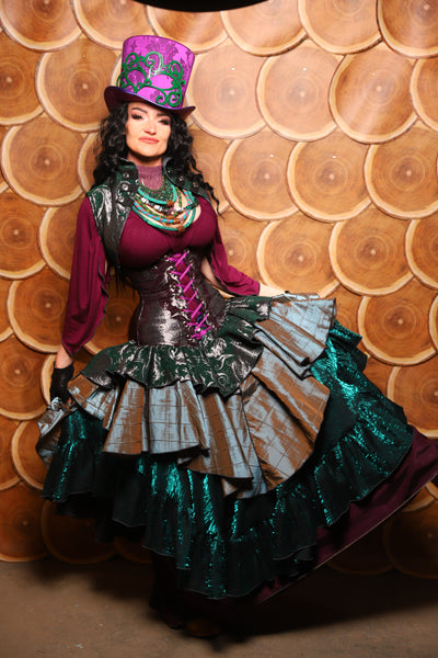 Deluxe 2-Tier Peplum Ruffle in Emerald & Silver Medallion w/ moonshadow pintuck - The Darling Starling Collection