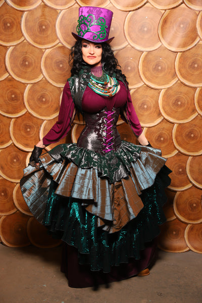 Deluxe 2-Tier Peplum Ruffle in Emerald & Silver Medallion w/ moonshadow pintuck - The Darling Starling Collection