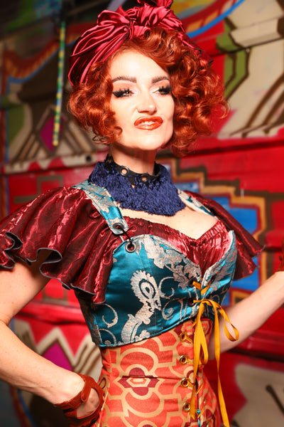 07. Cropped Courtier Overbust Corset in Teal Damask *PLEASE order by BUST Measurement, NOT waist!* - The Magic Carpet Ride Collection