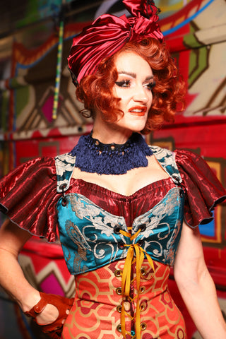 07. Cropped Courtier Overbust Corset in Teal Damask *PLEASE order by BUST Measurement, NOT waist!* - The Magic Carpet Ride Collection
