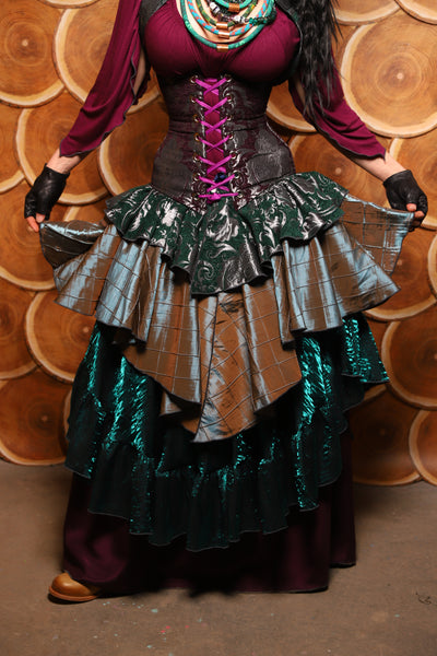 Deluxe 2-Tier Peplum Ruffle in Emerald & Silver Medallion w/ moonshadow pintuck - The Darling Starling Collection