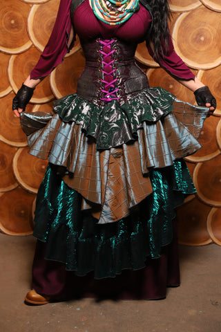 11. Deluxe 2-Tier Peplum Ruffle in Emerald & Silver Medallion w/ moonshadow pintuck - The Darling Starling Collection